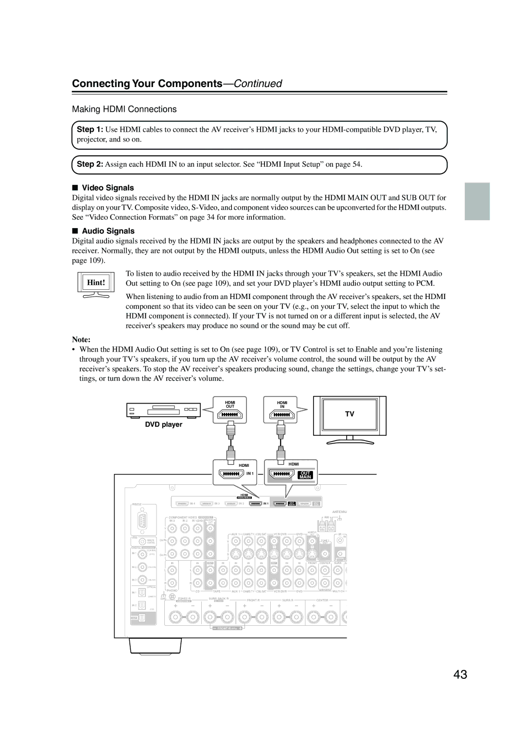 Onkyo TX-NR905 instruction manual Making Hdmi Connections, Video Signals, Audio Signals 