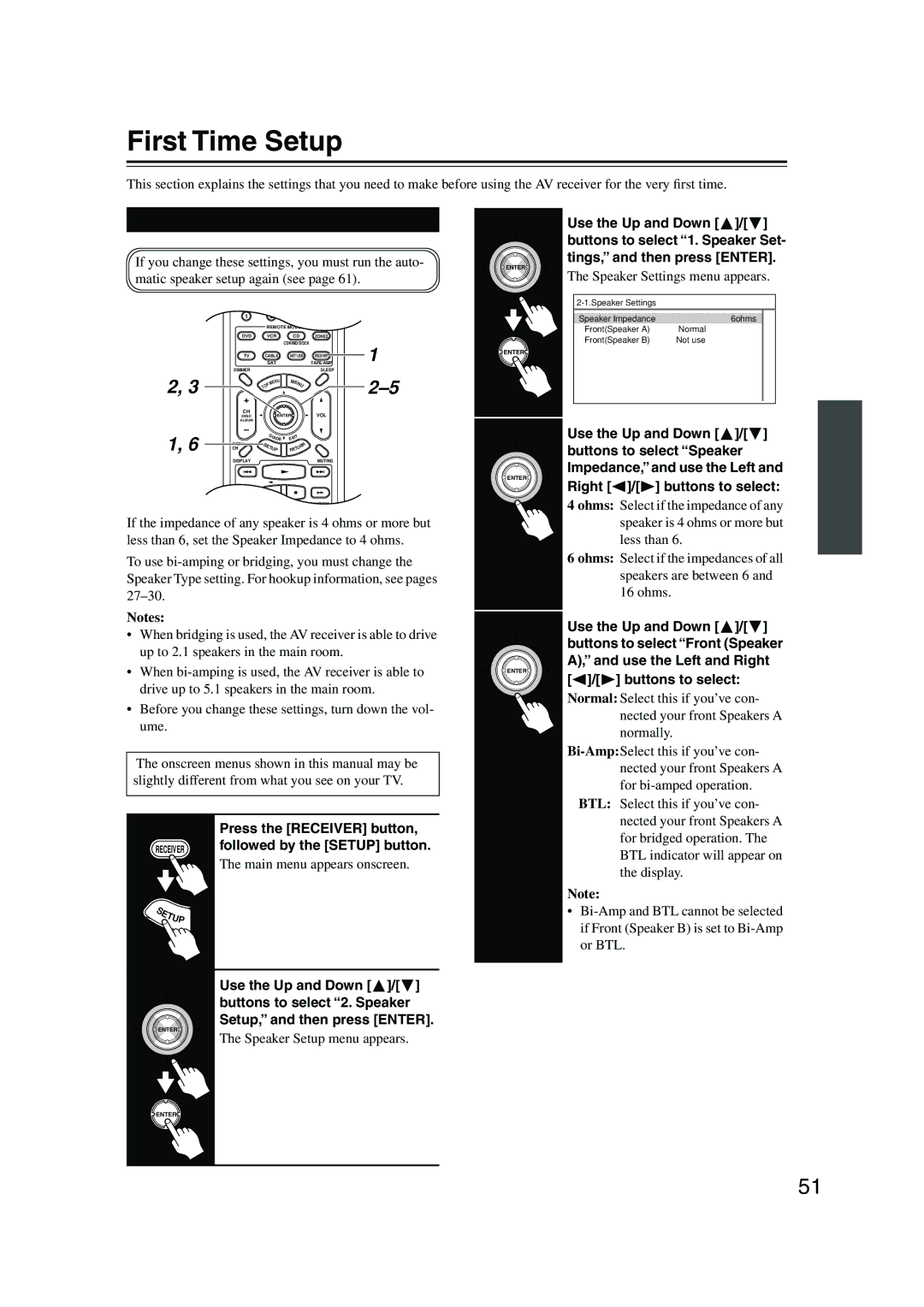 Onkyo TX-NR905 instruction manual First Time Setup, Speaker Settings 