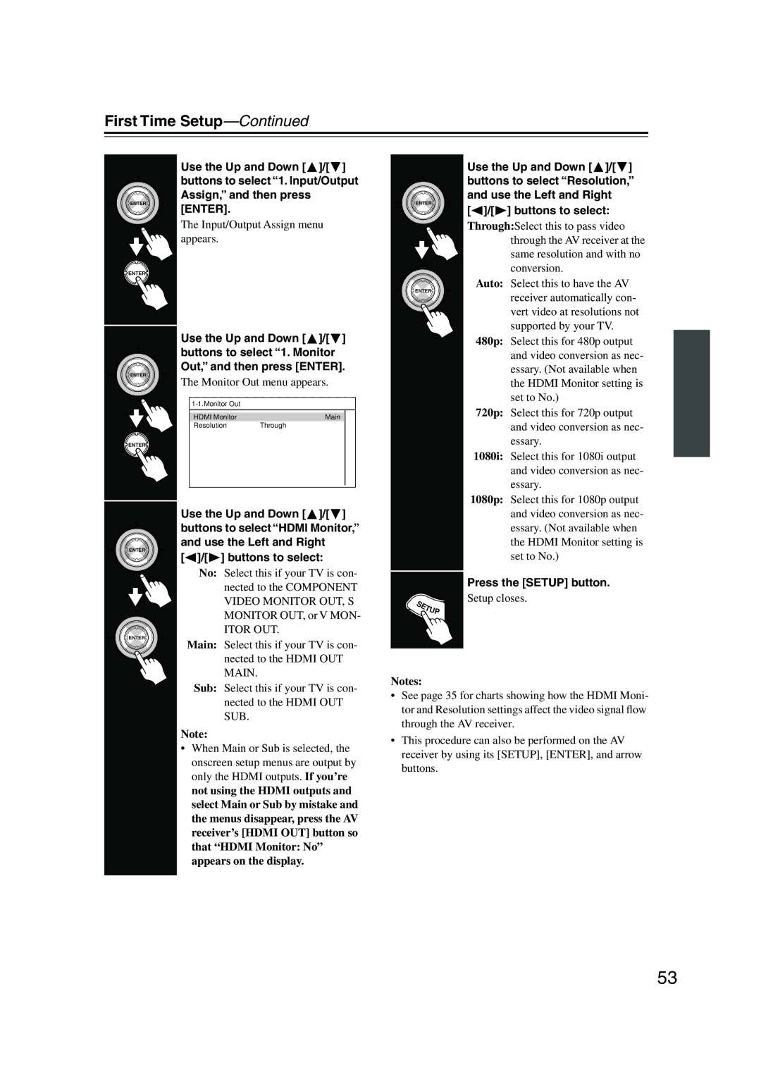 Onkyo TX-NR905 Buttons to select 1. Input/Output, Buttons to select Resolution, Assign, and then press Enter 