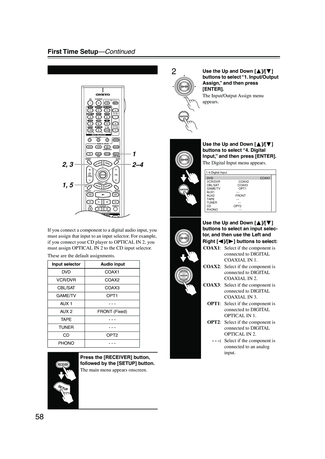 Onkyo TX-NR905 instruction manual Digital Input Setup, Digital Input menu appears, These are the default assignments 