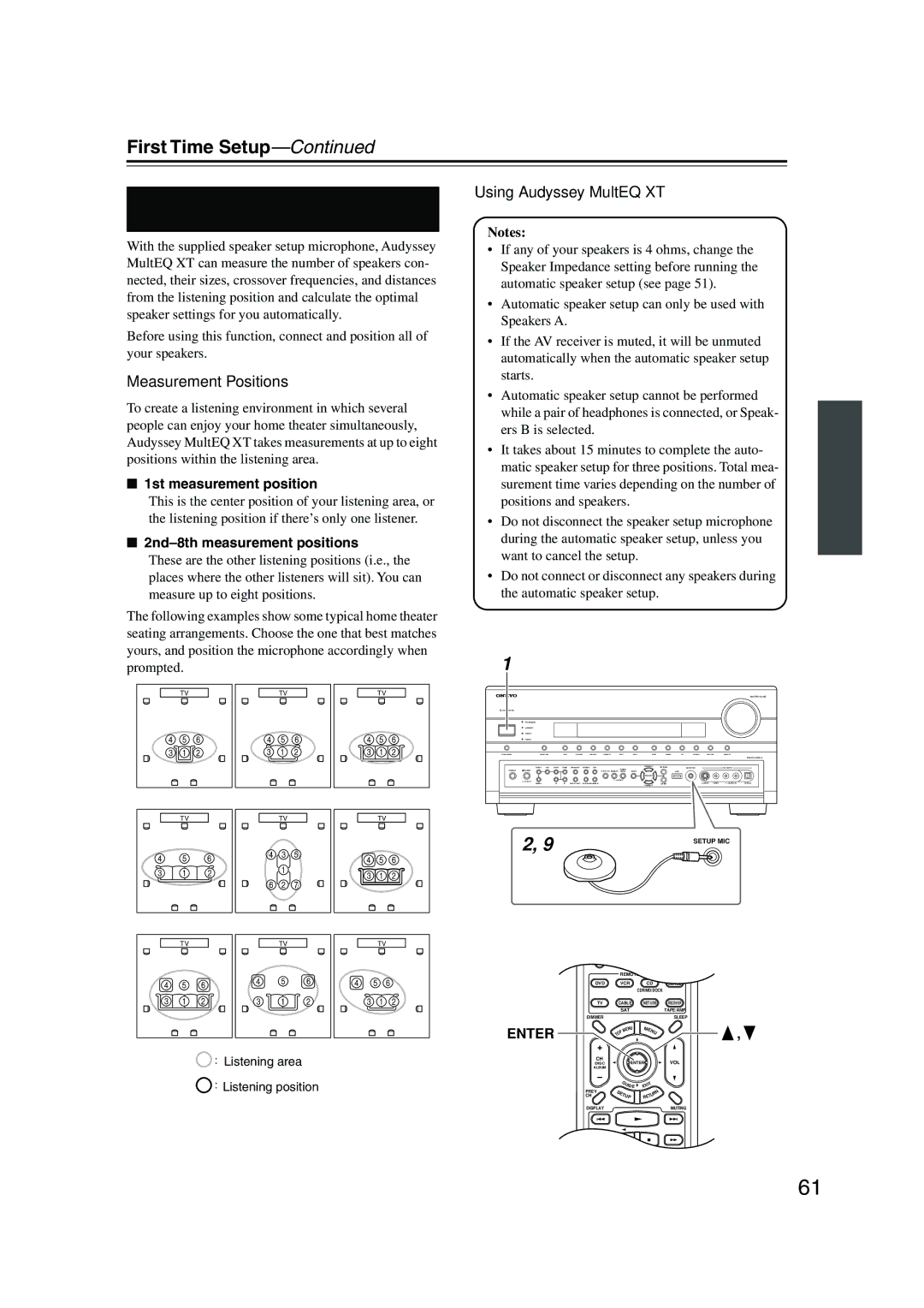 Onkyo TX-NR905 Automatic Speaker Setup Audyssey MultEQ XT, Measurement Positions, Using Audyssey MultEQ XT 