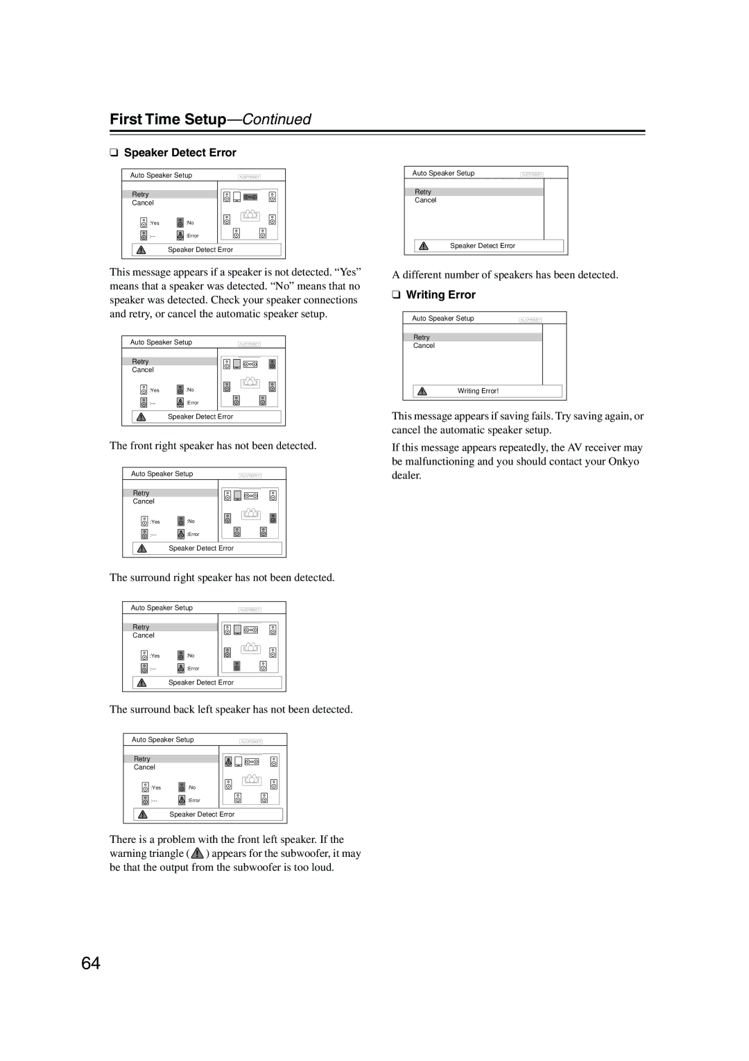 Onkyo TX-NR905 instruction manual Speaker Detect Error, Writing Error 