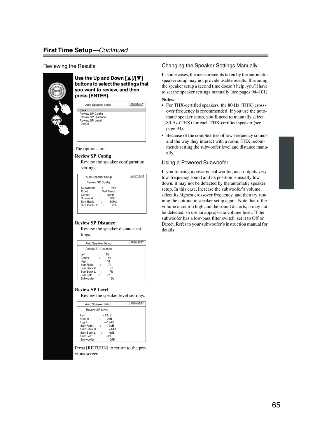 Onkyo TX-NR905 instruction manual Reviewing the Results, Changing the Speaker Settings Manually, Using a Powered Subwoofer 