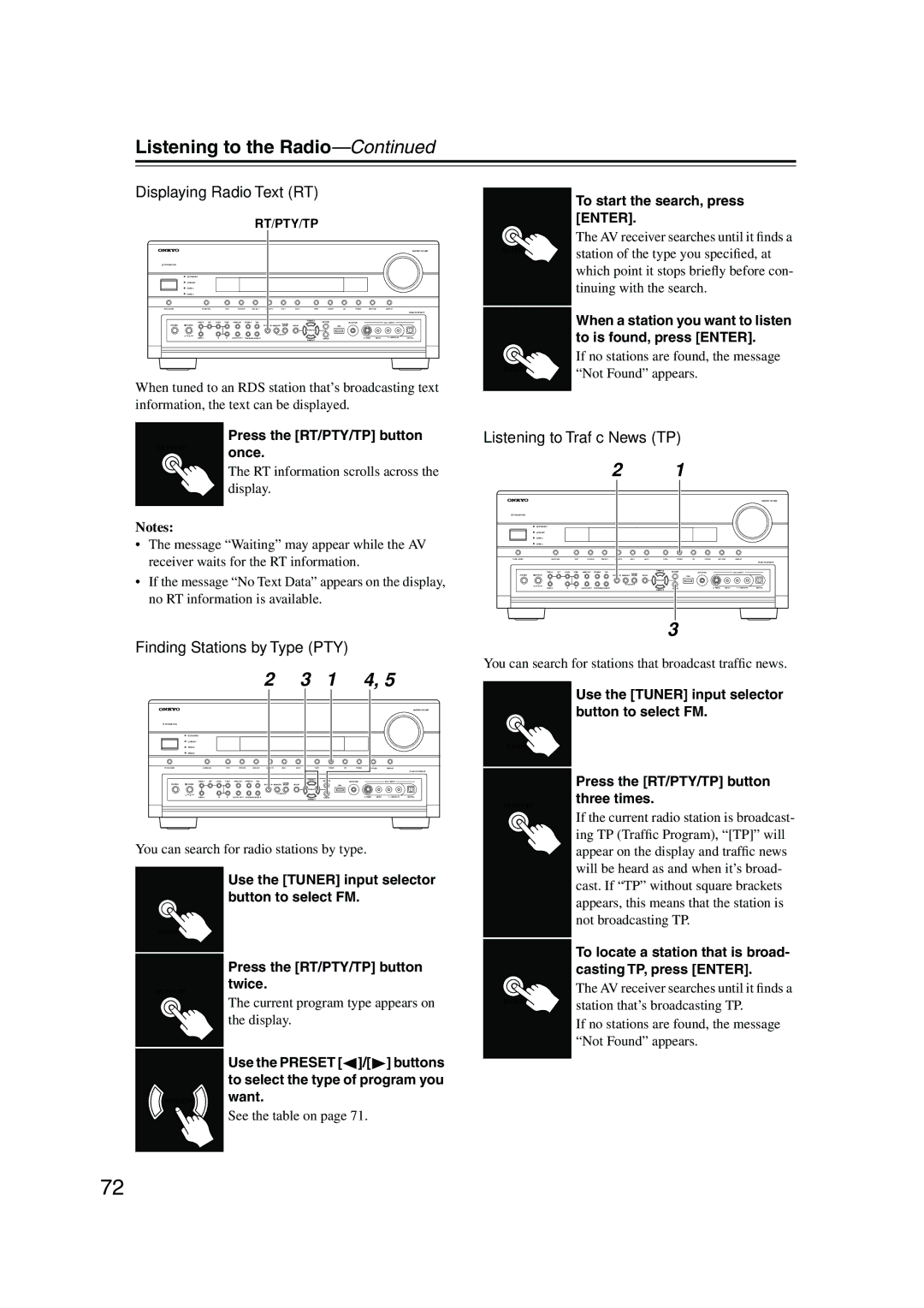 Onkyo TX-NR905 instruction manual Displaying Radio Text RT, Finding Stations by Type PTY, Listening to Trafﬁc News TP 