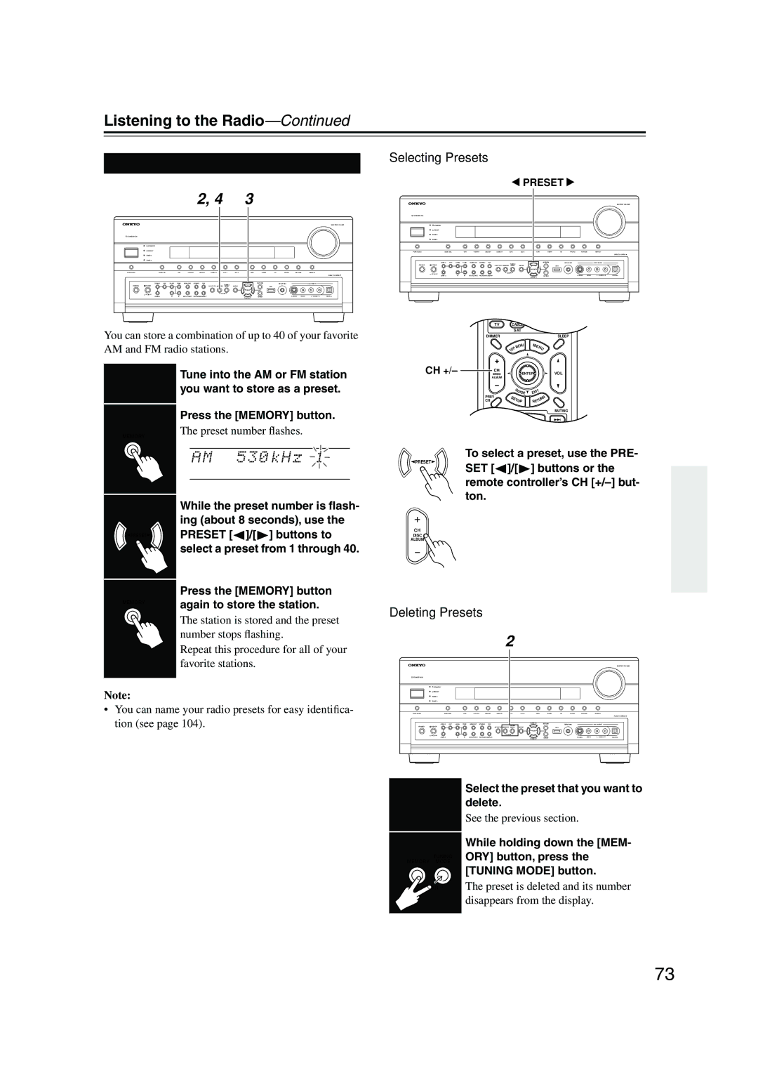 Onkyo TX-NR905 instruction manual Presetting AM/FM Stations, Selecting Presets, Deleting Presets 