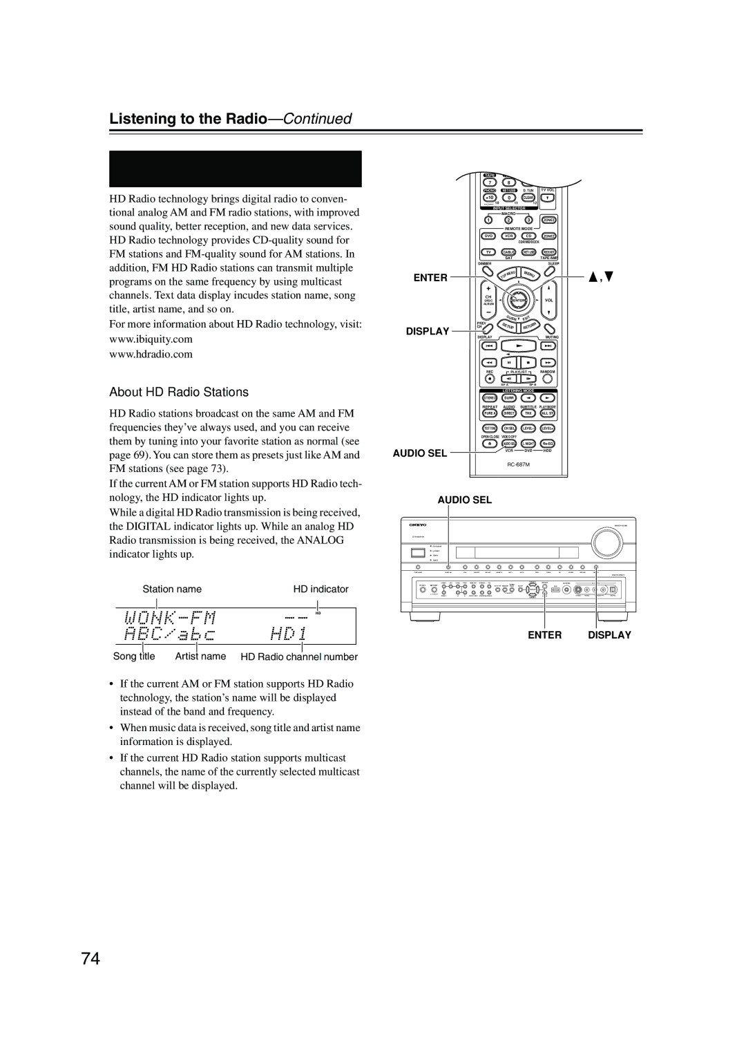 Onkyo TX-NR905 Listening to HD Radio Stations North American model only, About HD Radio Stations, Enter, Audio SEL 