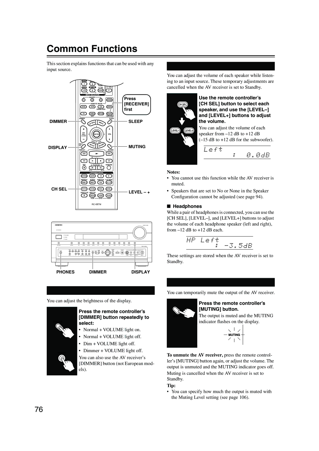 Onkyo TX-NR905 Common Functions, Adjusting Speaker Levels, Setting the Display Brightness, Muting the AV Receiver 