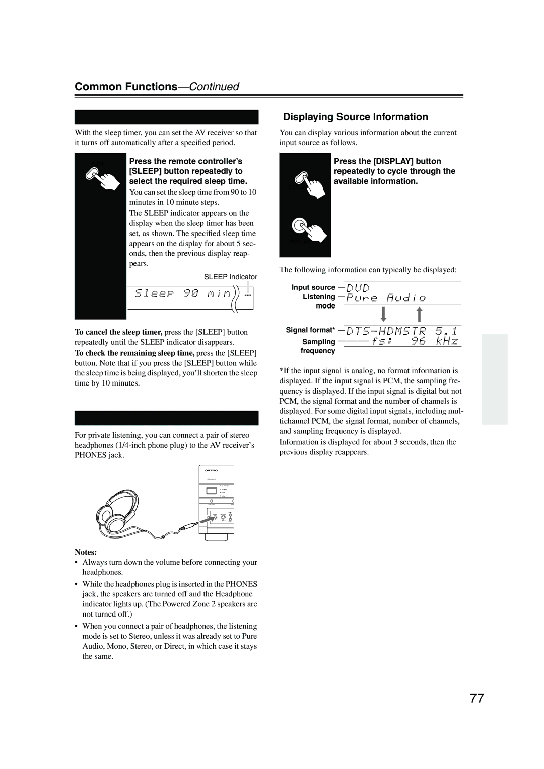 Onkyo TX-NR905 instruction manual Common Functions, Using the Sleep Timer, Using Headphones, Displaying Source Information 