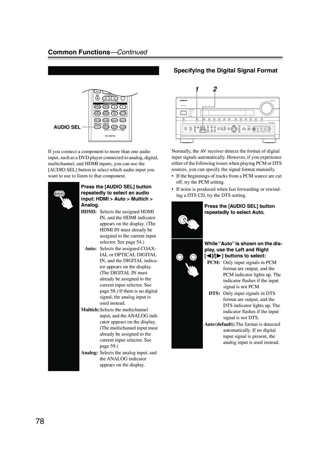 Onkyo TX-NR905 instruction manual Selecting Audio Inputs Specifying the Digital Signal Format 