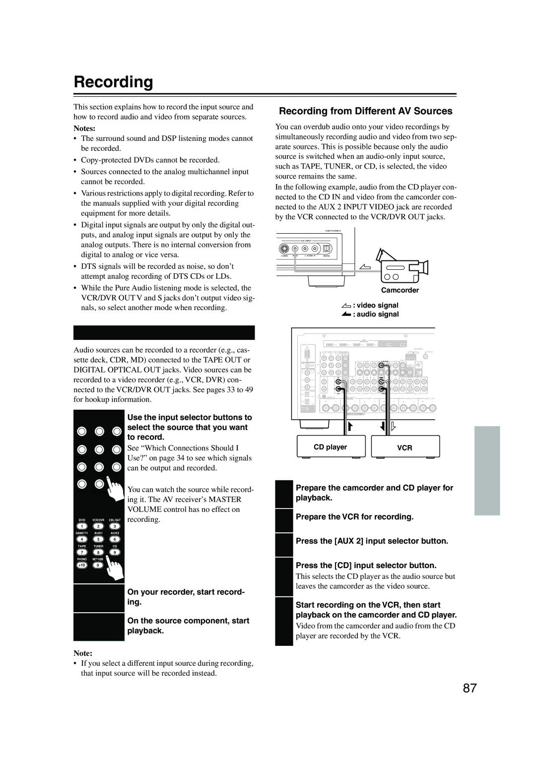 Onkyo TX-NR905 instruction manual Recording the Input Source, Recording from Different AV Sources 