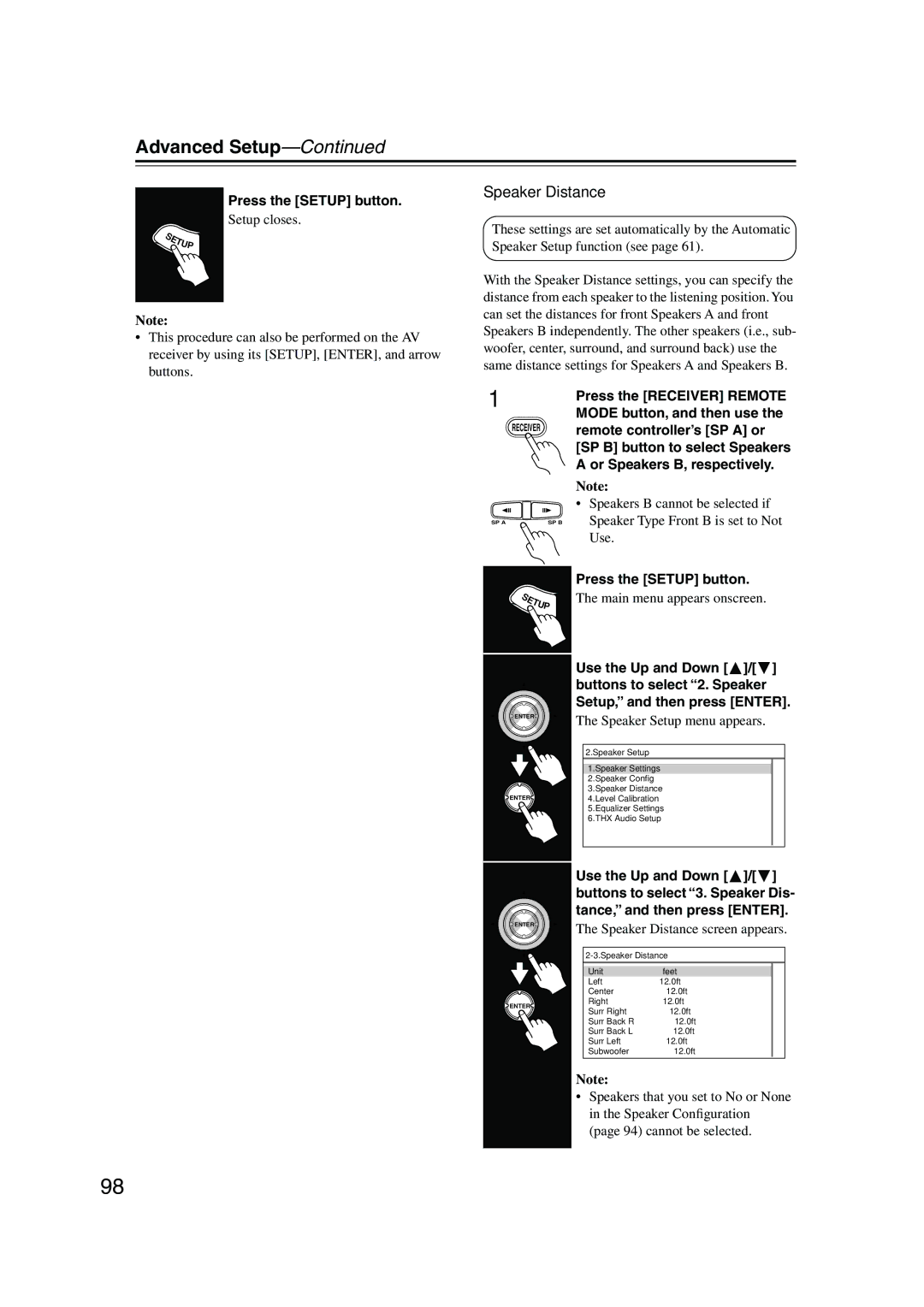 Onkyo TX-NR905 instruction manual Speaker Type Front B is set to Not, Speaker Distance screen appears 