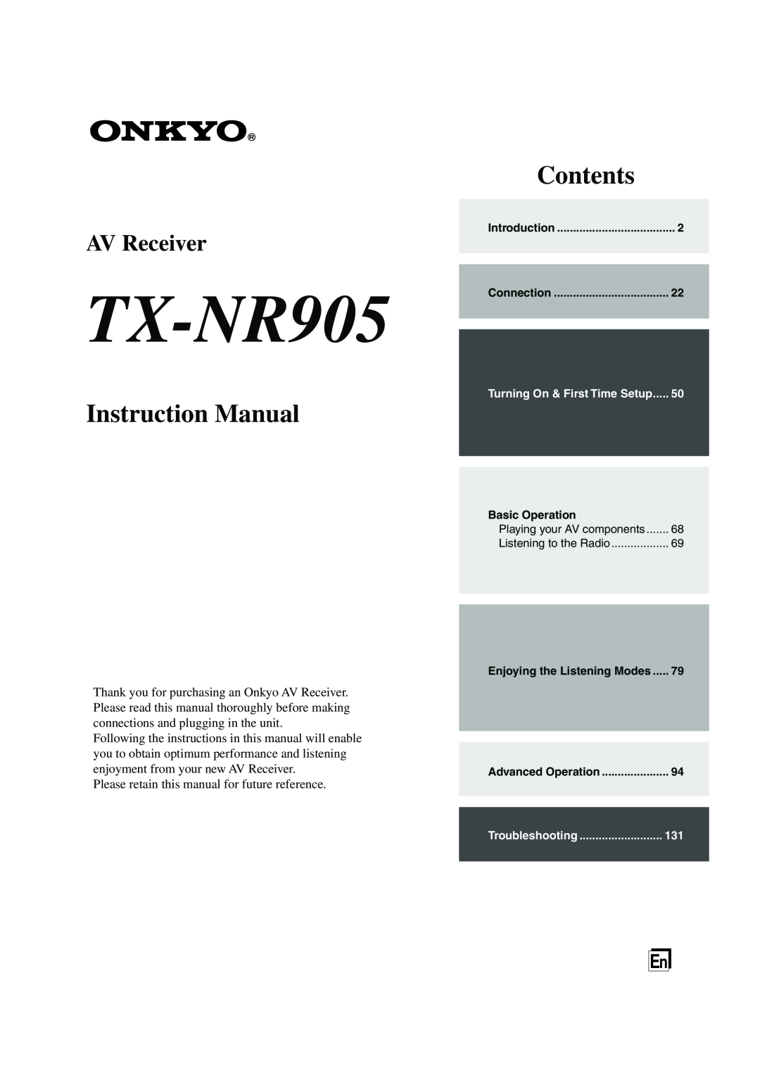 Onkyo TX-NR905 instruction manual Instruction Manual, Contents, AV Receiver 