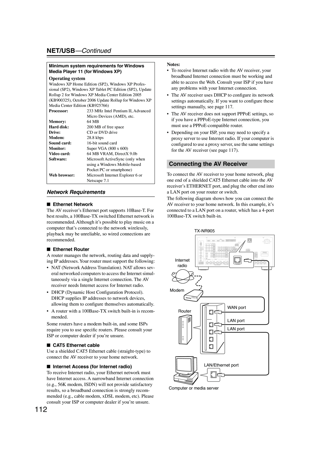 Onkyo TX-NR905 instruction manual NET/USB—Continued, Connecting the AV Receiver, Network Requirements, Operating system 