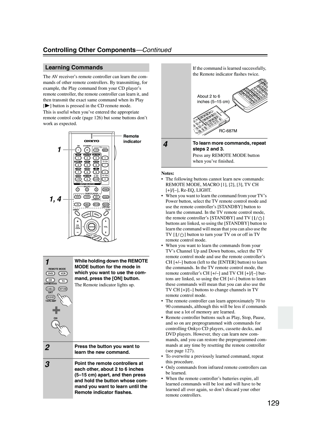 Onkyo TX-NR905 instruction manual Learning Commands, Controlling Other Components—Continued, Notes 