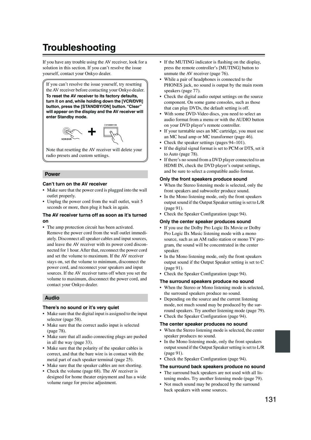 Onkyo TX-NR905 instruction manual Troubleshooting, Power, Audio 
