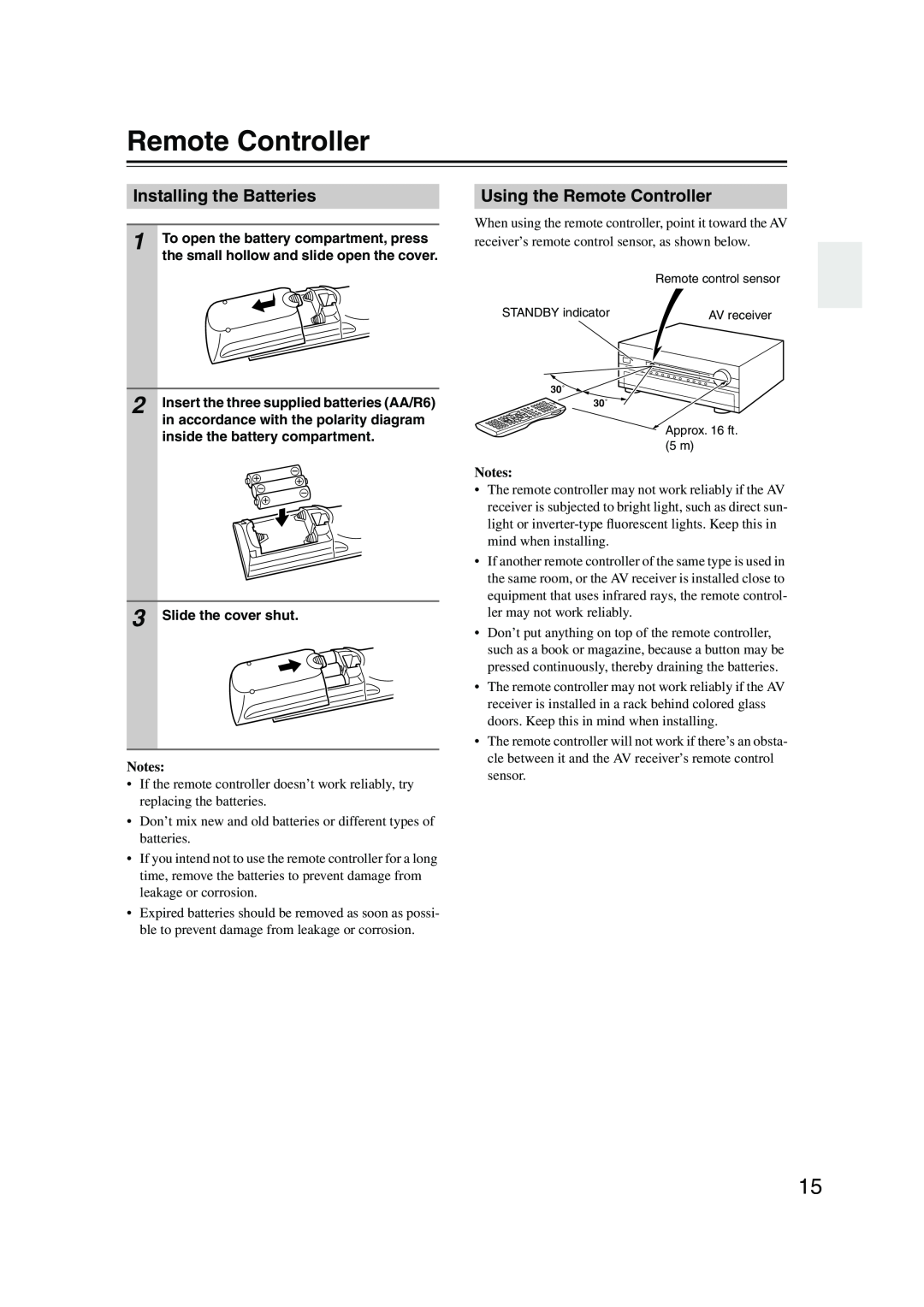 Onkyo TX-NR905 instruction manual Installing the Batteries, Using the Remote Controller, Notes 