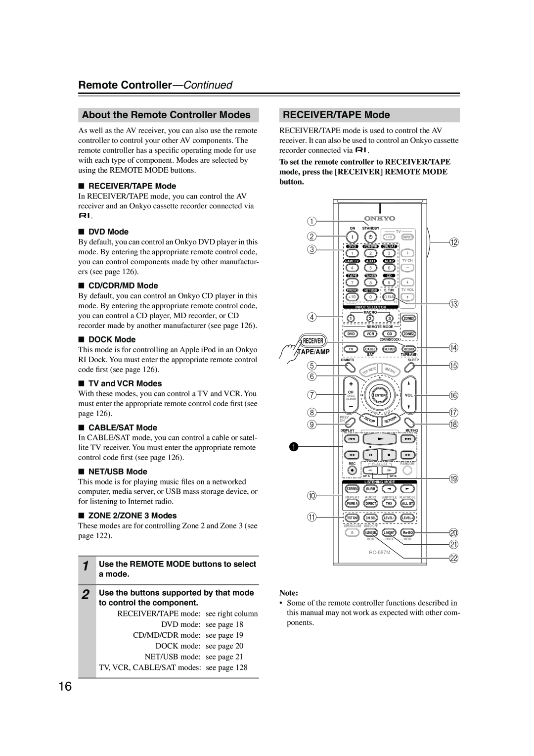 Onkyo TX-NR905 instruction manual Remote Controller—Continued, About the Remote Controller Modes, RECEIVER/TAPE Mode 