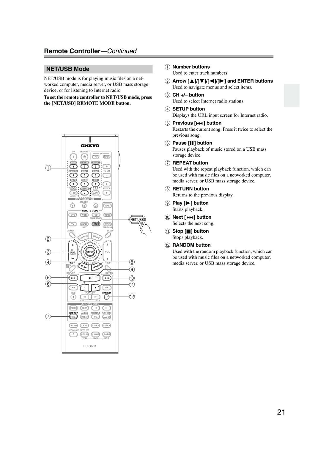 Onkyo TX-NR905 instruction manual NET/USB Mode, Remote Controller—Continued 