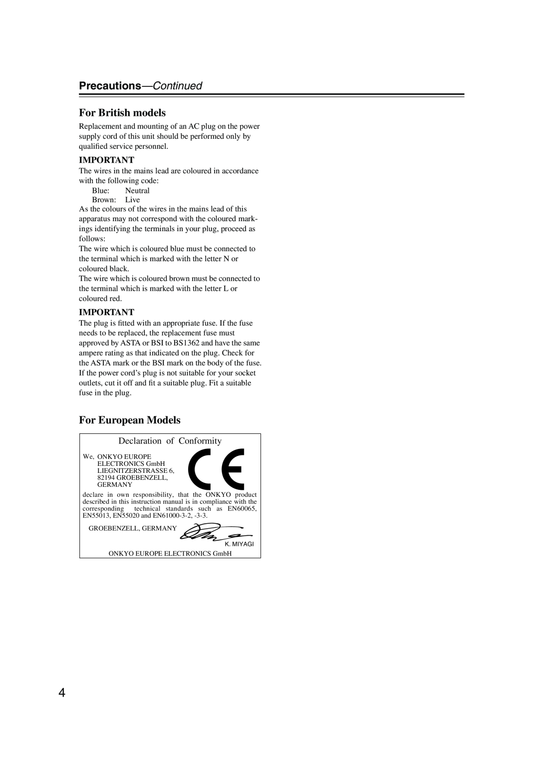 Onkyo TX-NR905 instruction manual Precautions—Continued, For British models, For European Models, Declaration of Conformity 