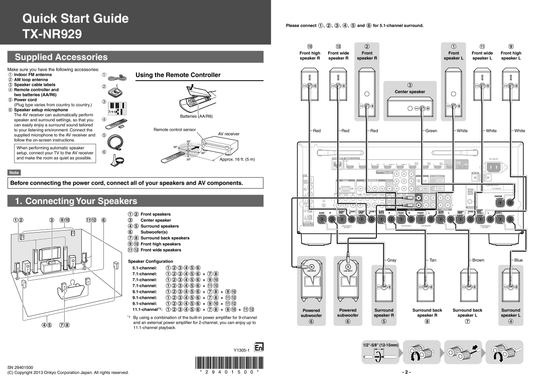 Onkyo TX-NR929 quick start Supplied Accessories, Connecting Your Speakers, Using the Remote Controller 