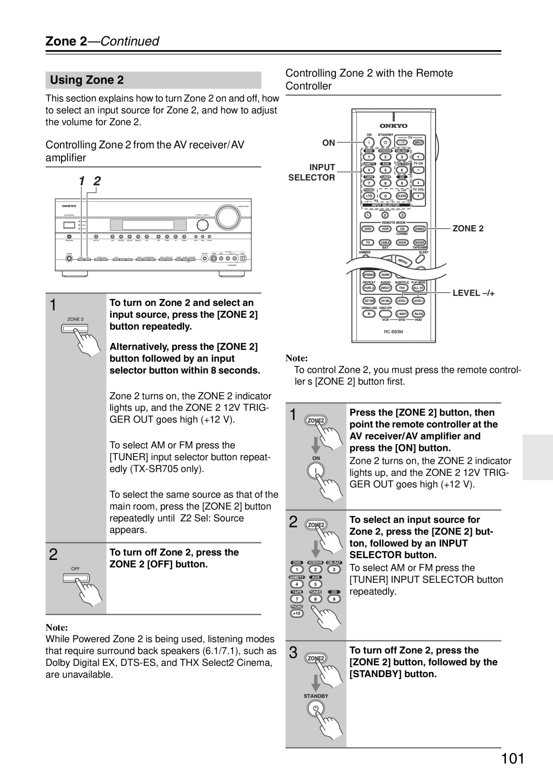 Onkyo TX-SA705 instruction manual 101, Using Zone, Controlling Zone 2 from the AV receiver/AV amplifier 