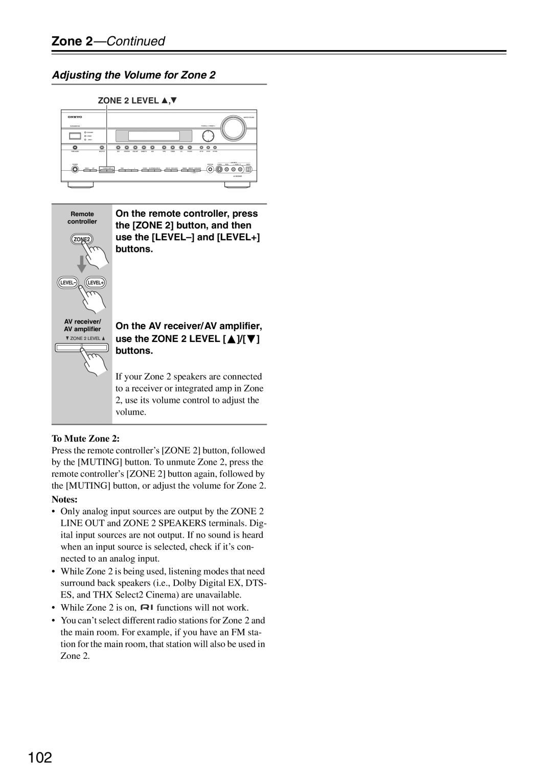 Onkyo TX-SA705 instruction manual 102, Adjusting the Volume for Zone, To Mute Zone 