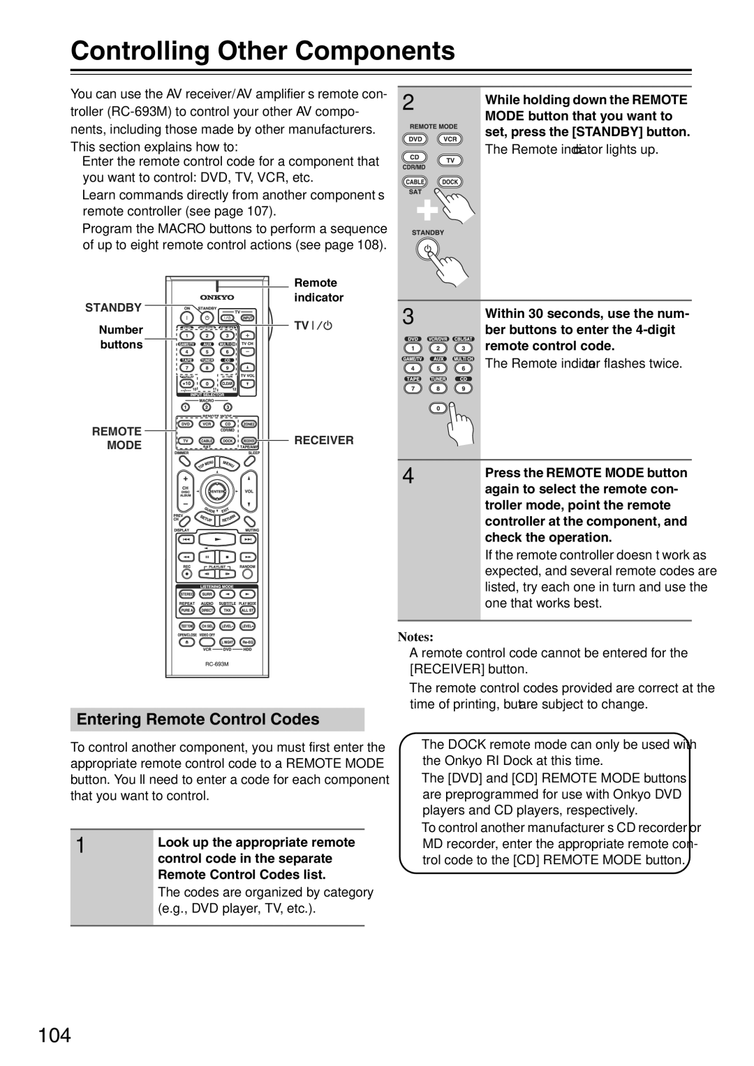 Onkyo TX-SA705 Controlling Other Components, 104, Entering Remote Control Codes, Remote indicator lights up 