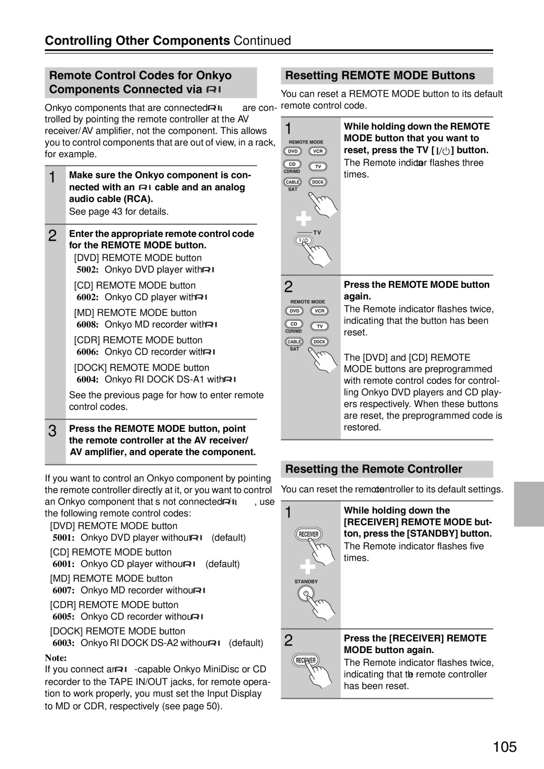 Onkyo TX-SA705 105, Controlling Other Components, Remote Control Codes for Onkyo Components Connected via 