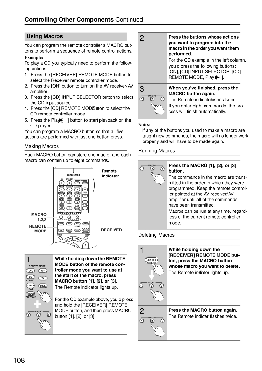 Onkyo TX-SA705 instruction manual 108, Using Macros, Making Macros, Running Macros, Deleting Macros 