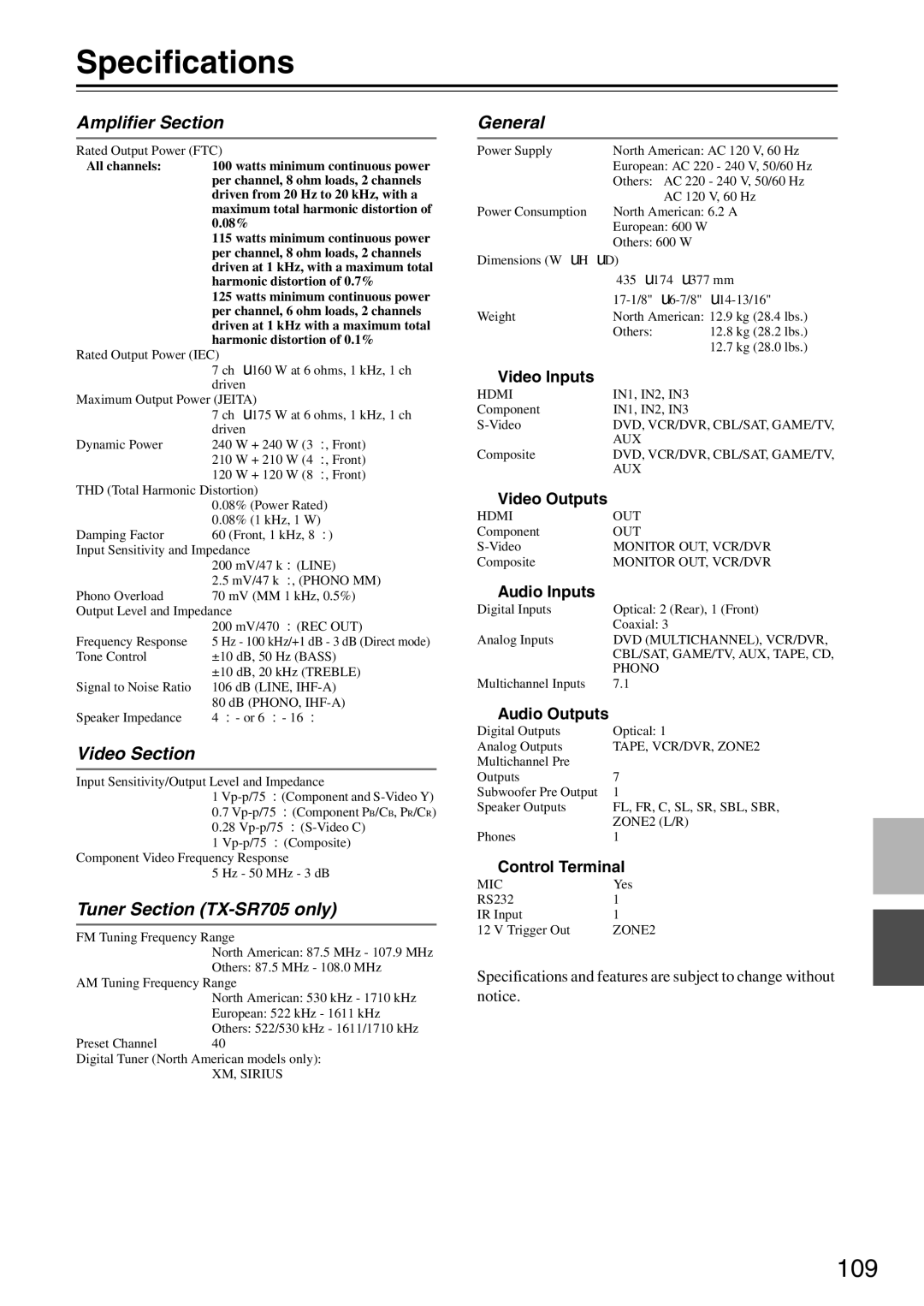 Onkyo TX-SA705 instruction manual Specifications, 109 