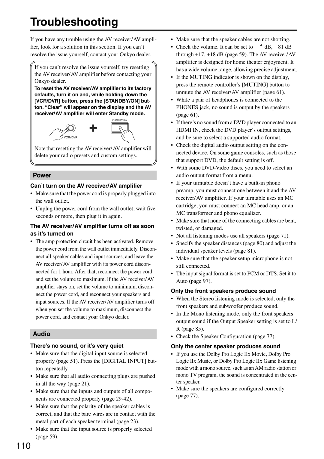 Onkyo TX-SA705 instruction manual Troubleshooting, 110 