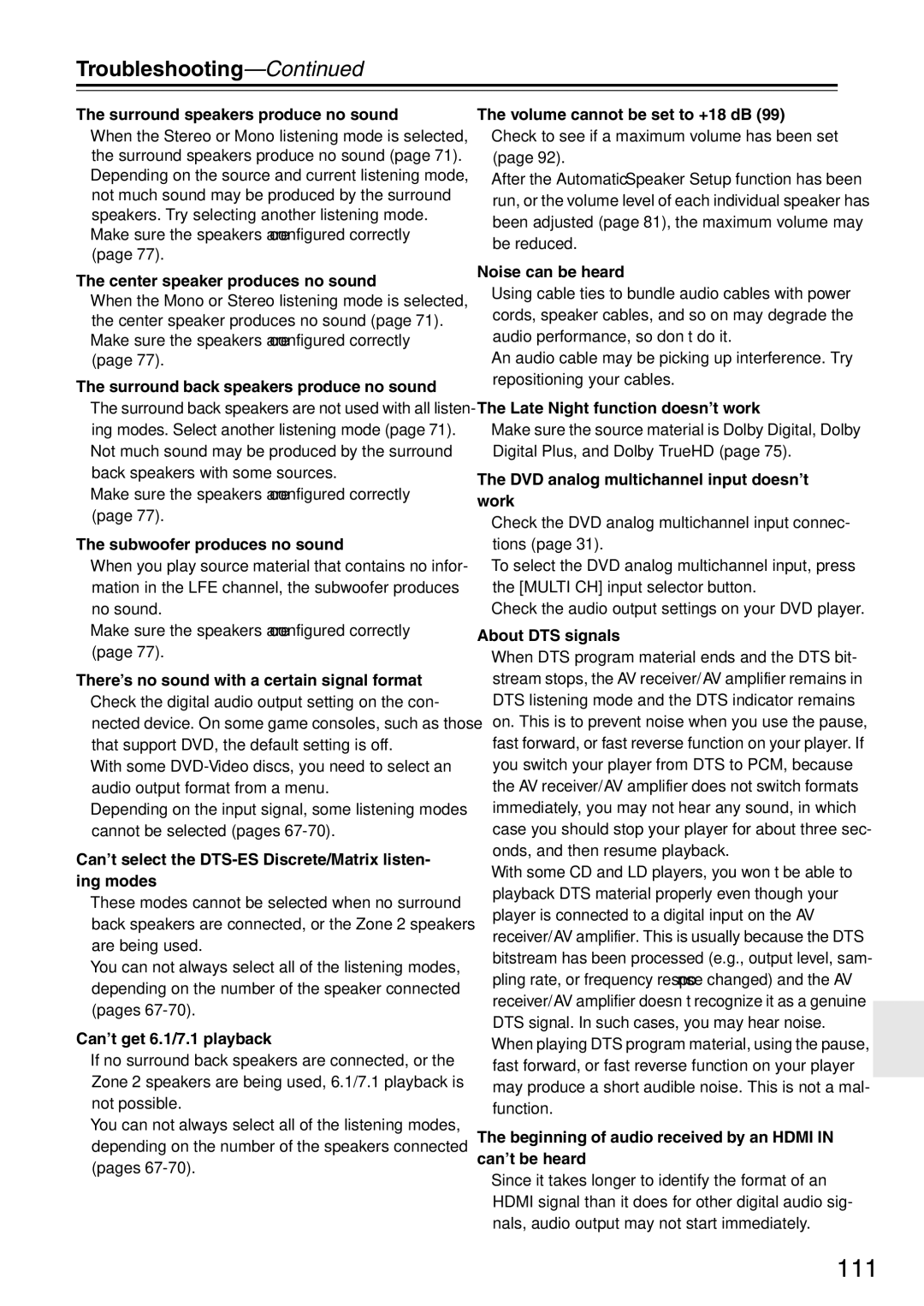 Onkyo TX-SA705 instruction manual 111, Troubleshooting 