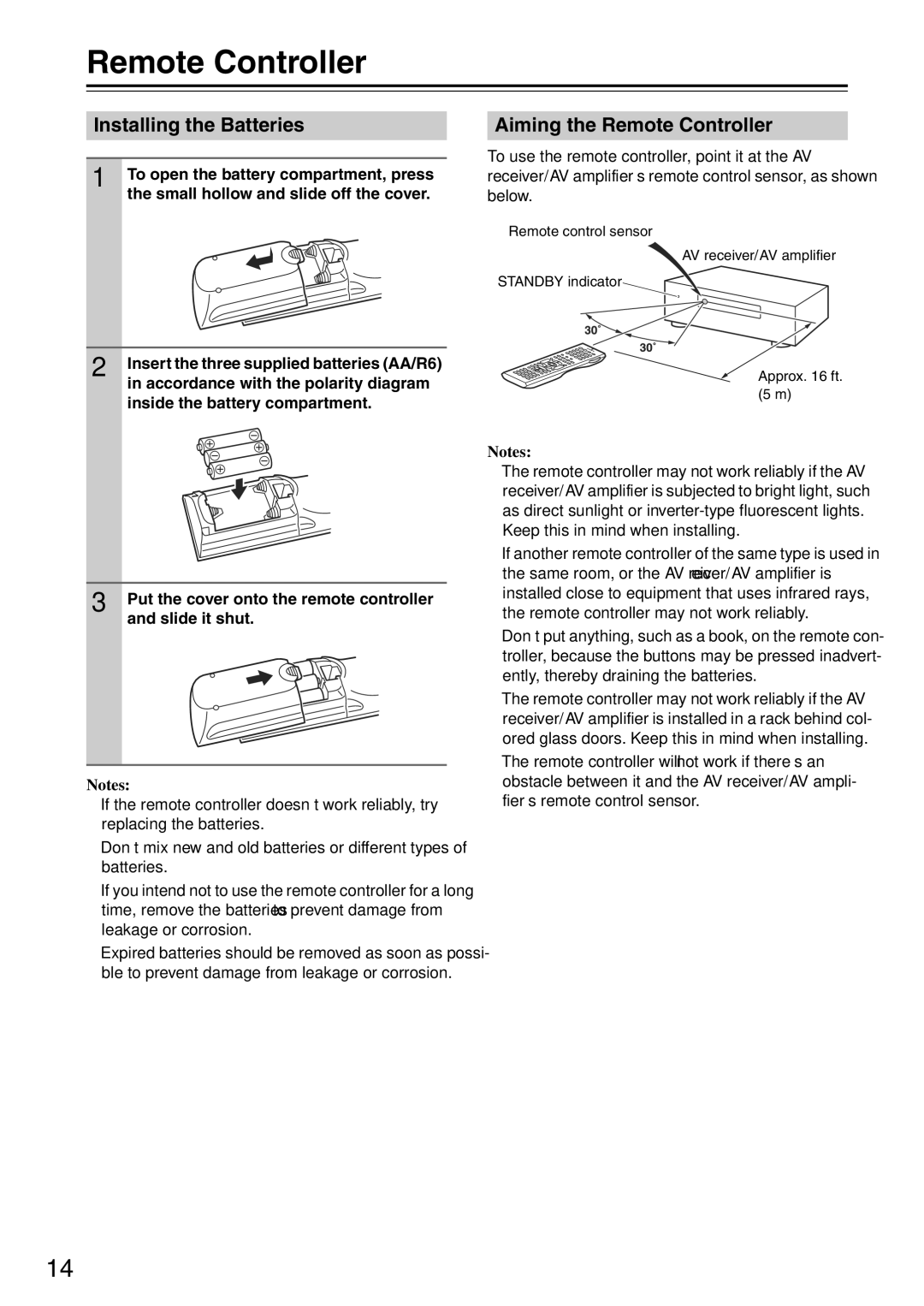 Onkyo TX-SA705 instruction manual Installing the Batteries, Aiming the Remote Controller 