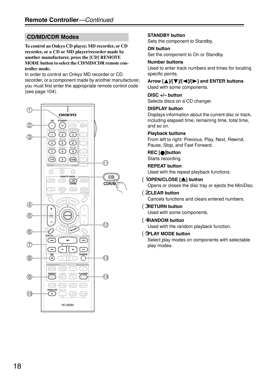 Onkyo TX-SA705 instruction manual CD/MD/CDR Modes, OPEN/CLOSE button 