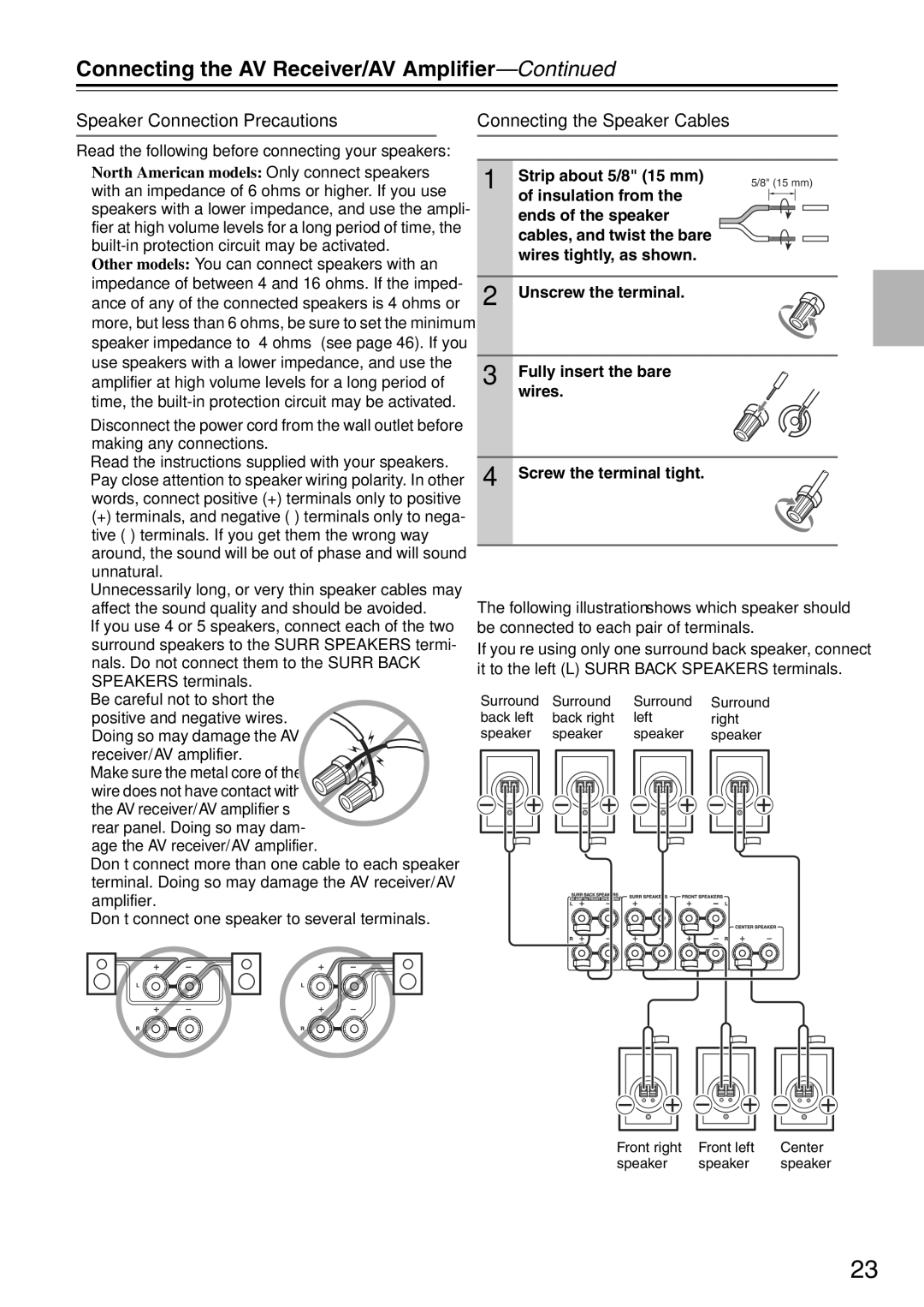 Onkyo TX-SA705 instruction manual Speaker Connection Precautions, Connecting the Speaker Cables, Strip about 5/8 15 mm 