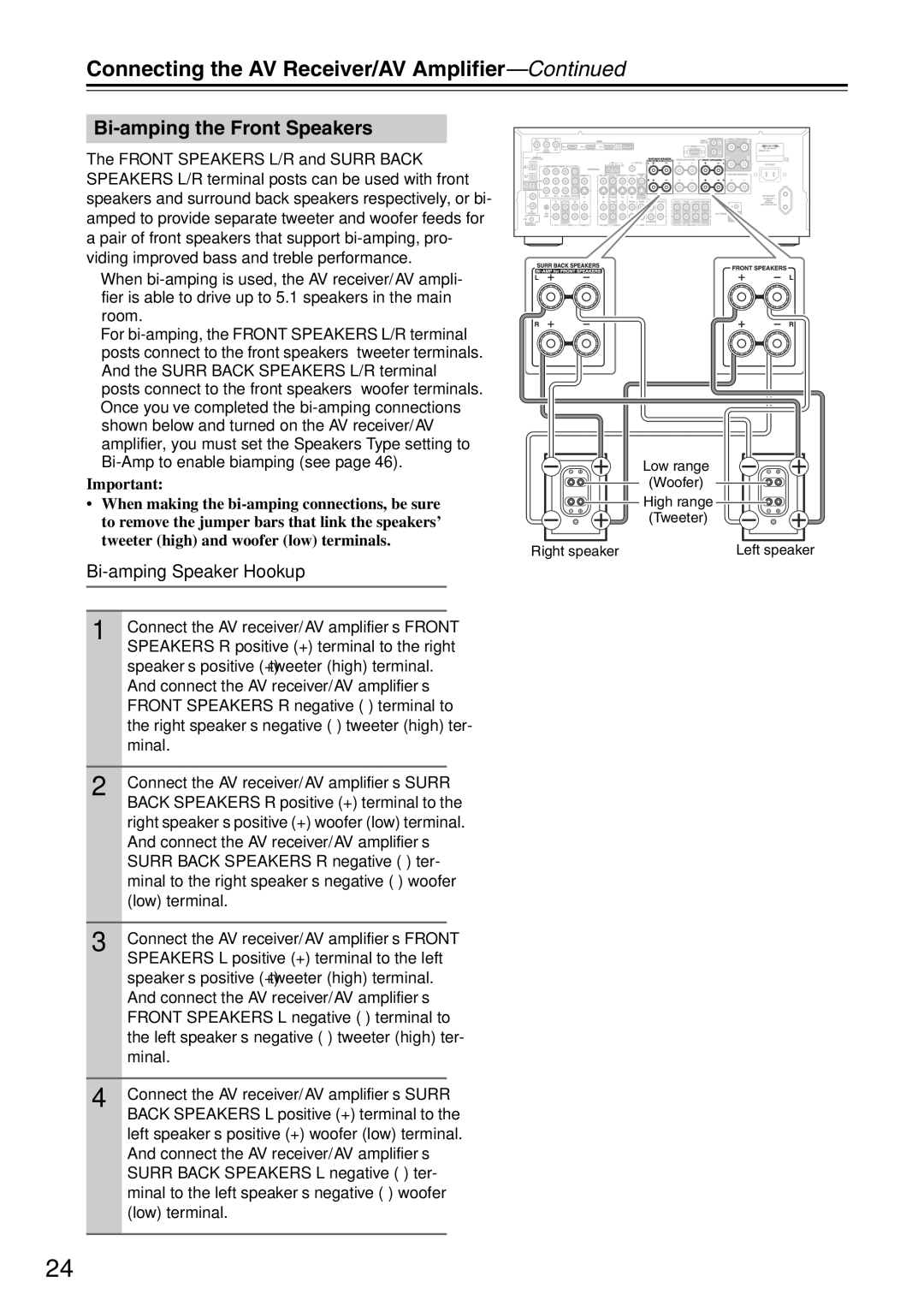 Onkyo TX-SA705 instruction manual Bi-amping the Front Speakers, Bi-amping Speaker Hookup 