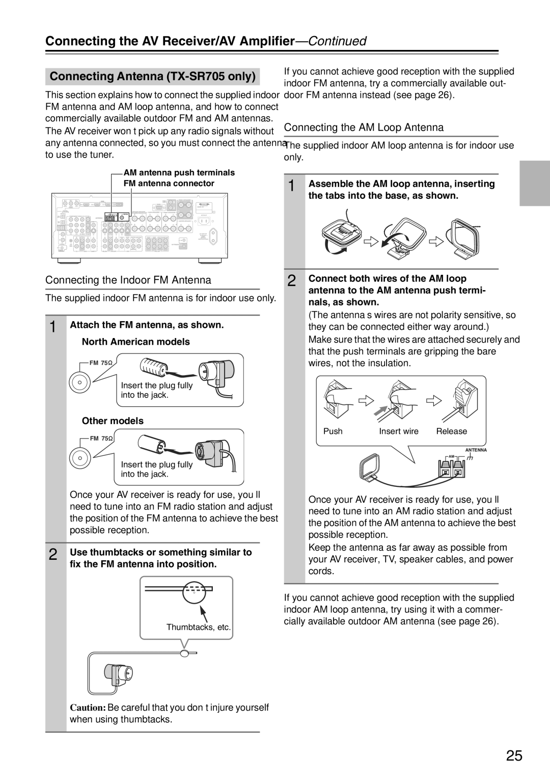 Onkyo TX-SA705 Connecting Antenna TX-SR705 only, Connecting the Indoor FM Antenna, Connecting the AM Loop Antenna 