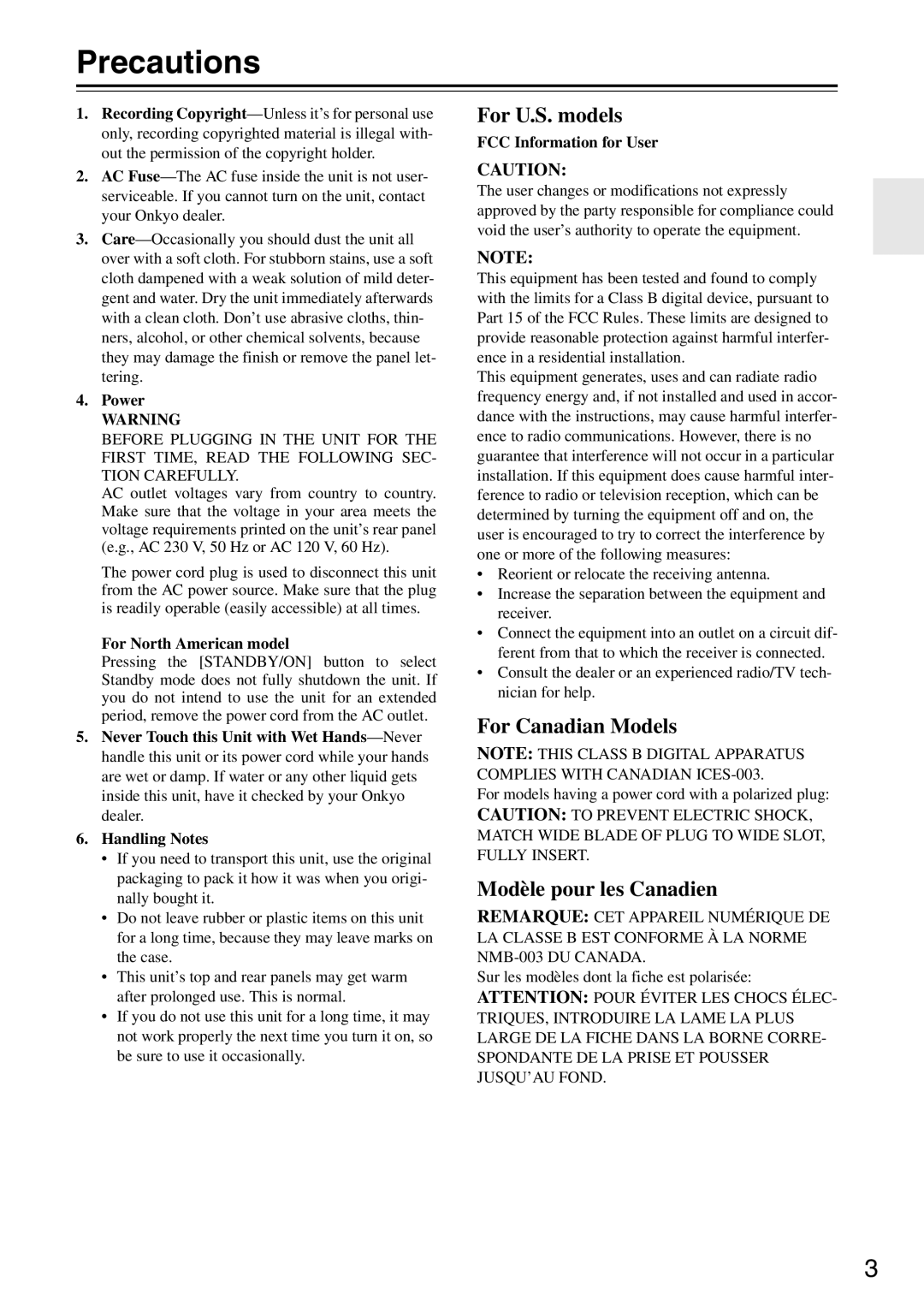 Onkyo TX-SA705 instruction manual Precautions, Power, For North American model, FCC Information for User 