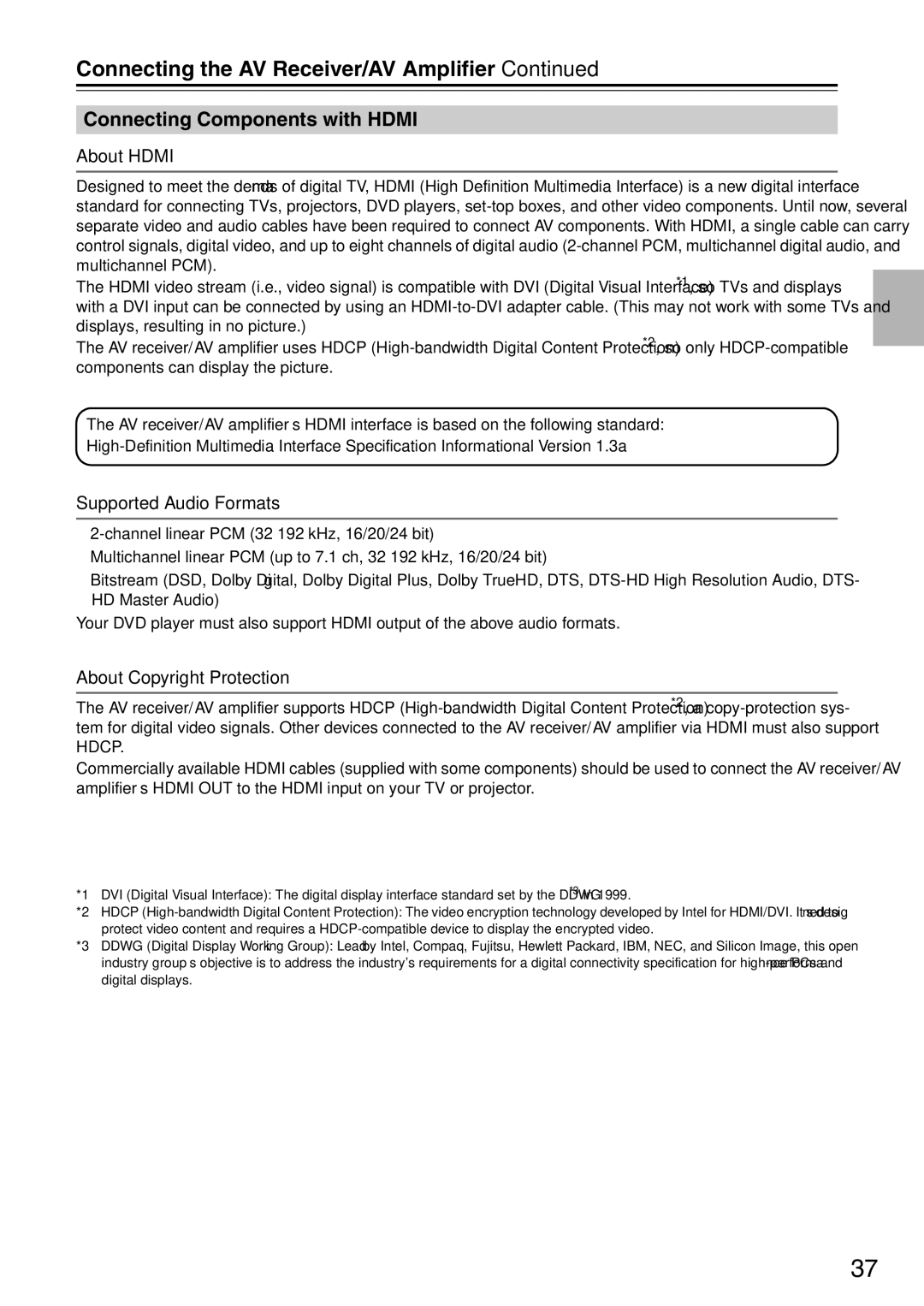 Onkyo TX-SA705 Connecting Components with Hdmi, About Hdmi, Supported Audio Formats, About Copyright Protection 