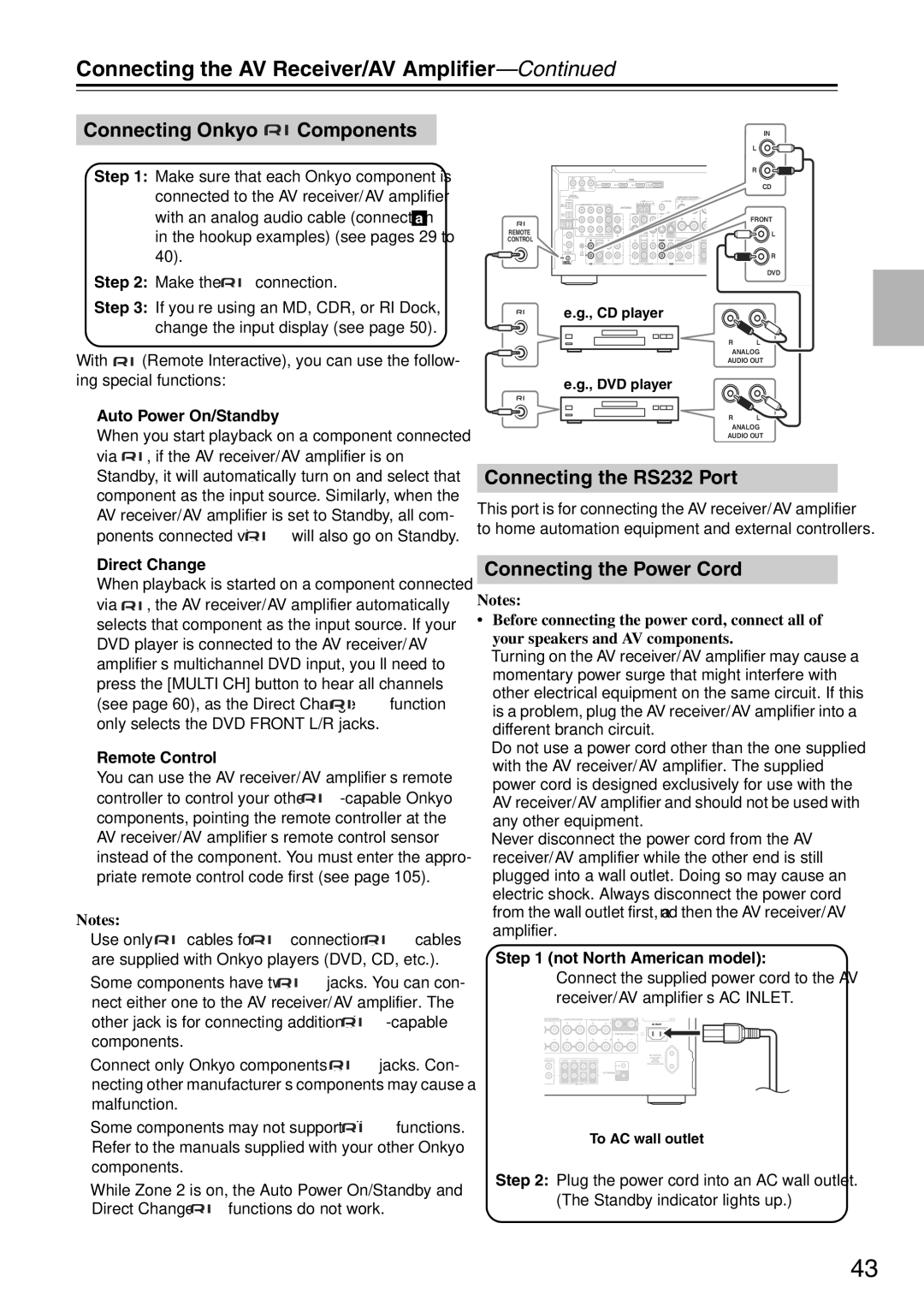 Onkyo TX-SA705 instruction manual Connecting Onkyo Components, Connecting the RS232 Port, Connecting the Power Cord 