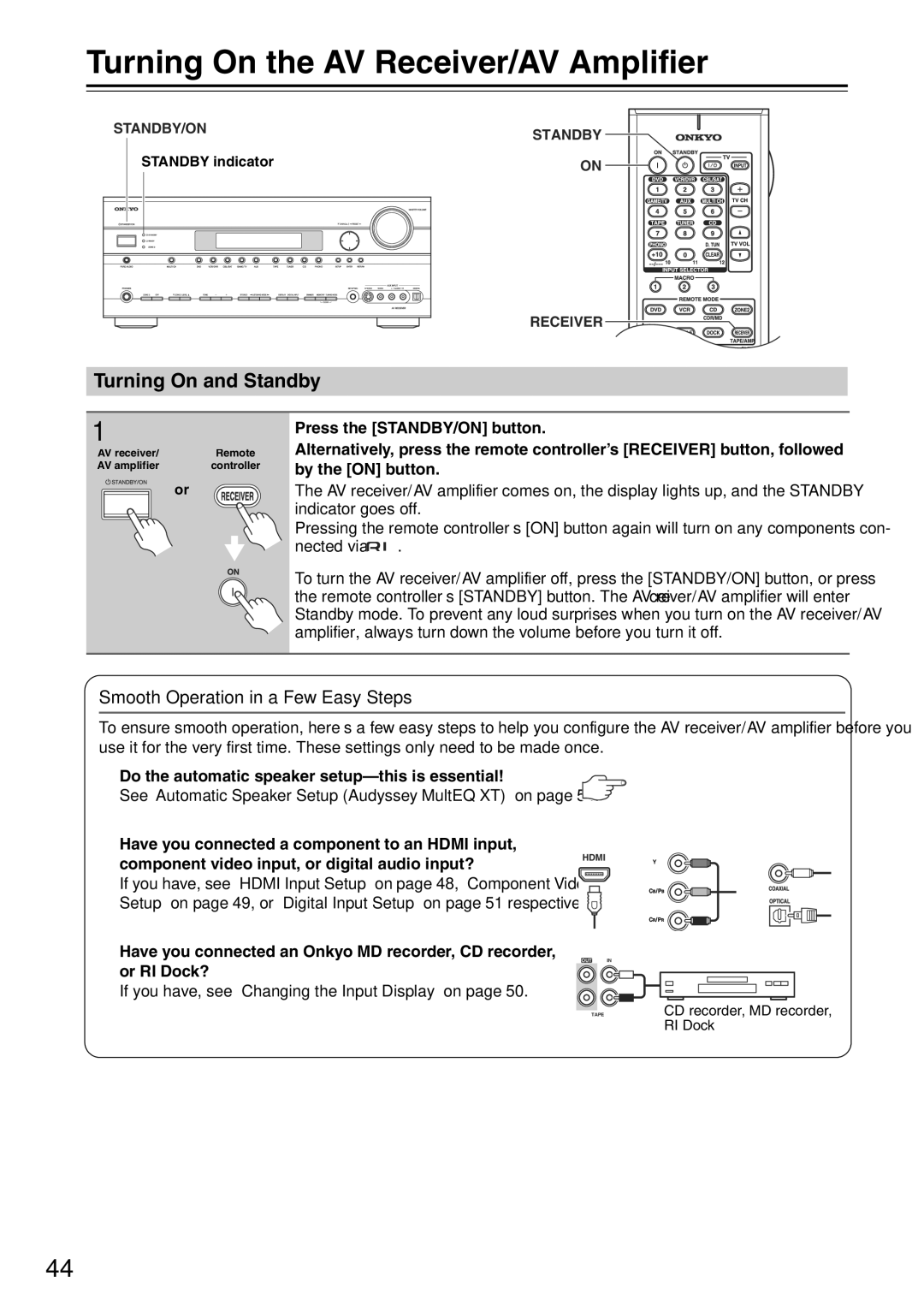 Onkyo TX-SA705 Turning On the AV Receiver/AV Amplifier, Turning On and Standby, Smooth Operation in a Few Easy Steps 