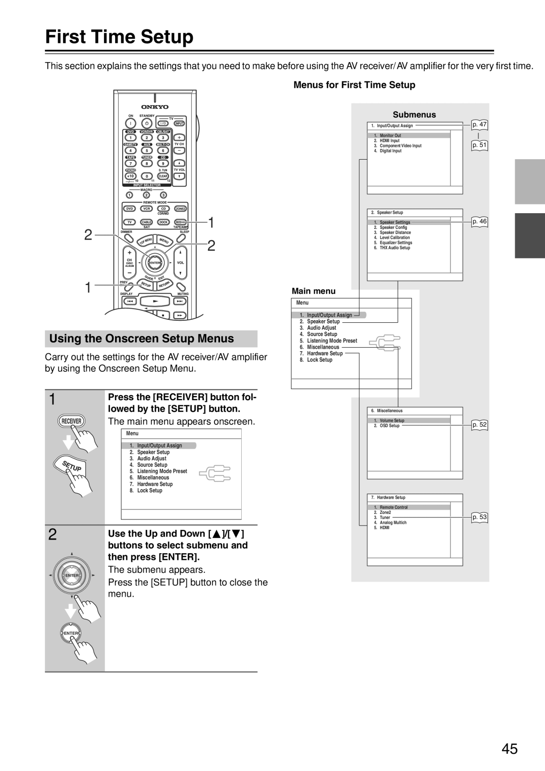 Onkyo TX-SA705 instruction manual Using the Onscreen Setup Menus, Menus for First Time Setup 