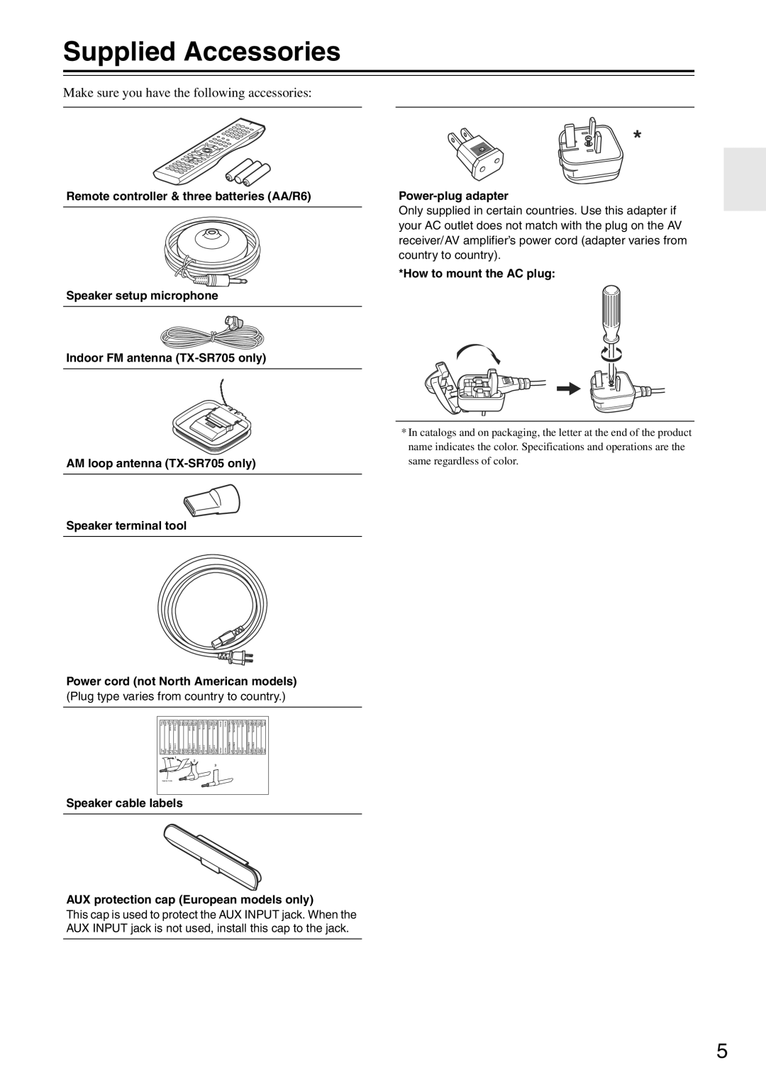 Onkyo TX-SA705 instruction manual Supplied Accessories, Make sure you have the following accessories 