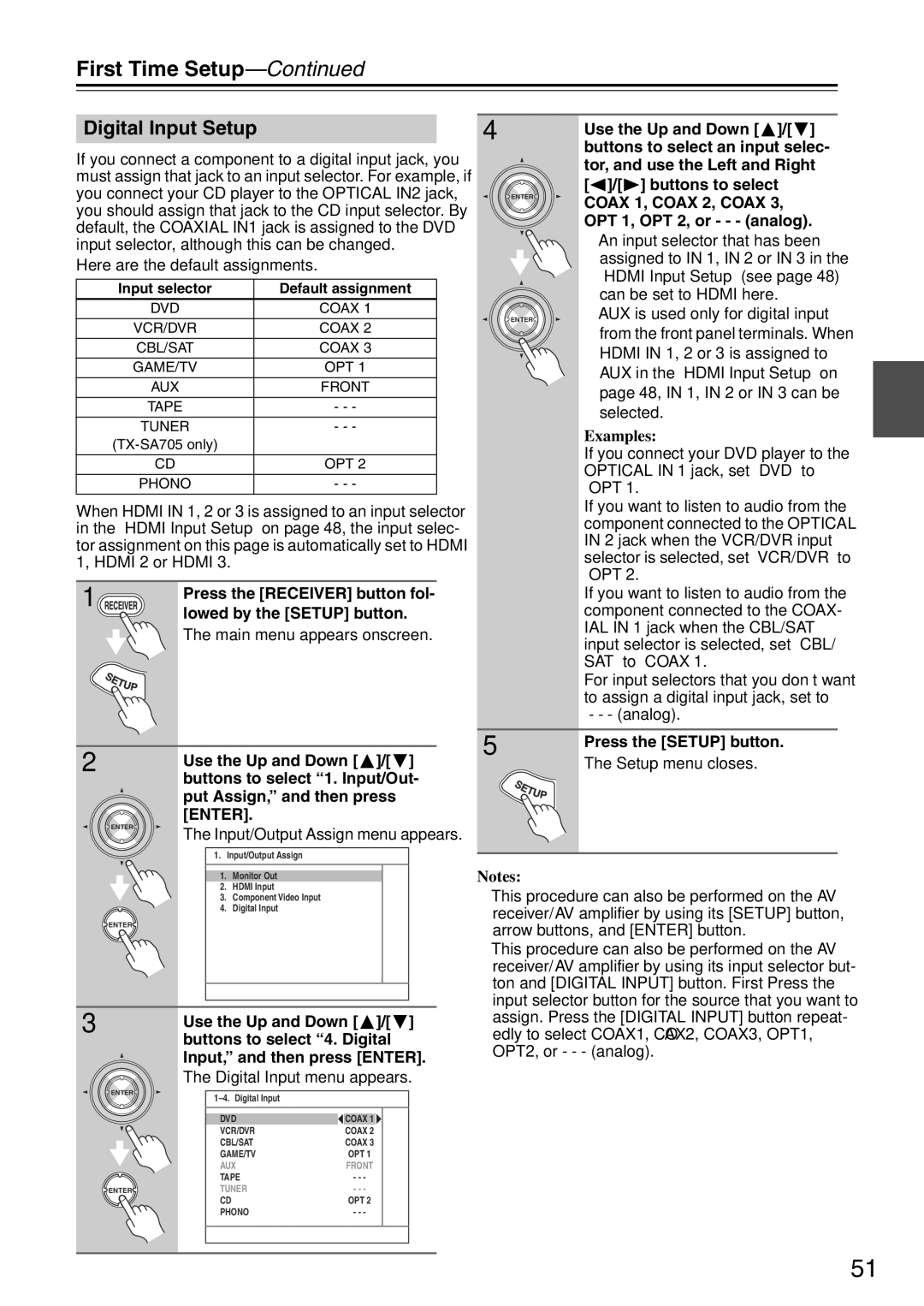 Onkyo TX-SA705 instruction manual Digital Input Setup 