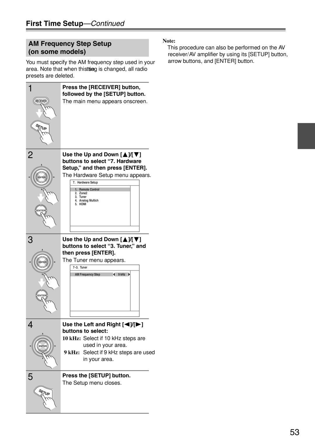 Onkyo TX-SA705 AM Frequency Step Setup on some models, Hardware Setup menu appears, Use the Left and Right 