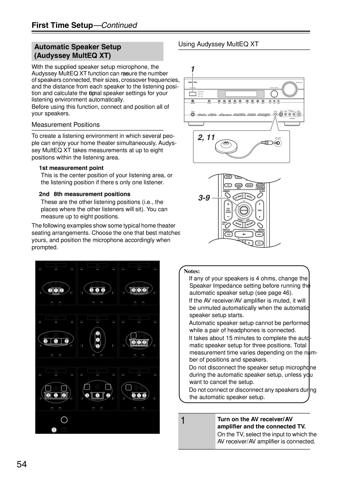 Onkyo TX-SA705 Automatic Speaker Setup Audyssey MultEQ XT, Measurement Positions, Using Audyssey MultEQ XT 