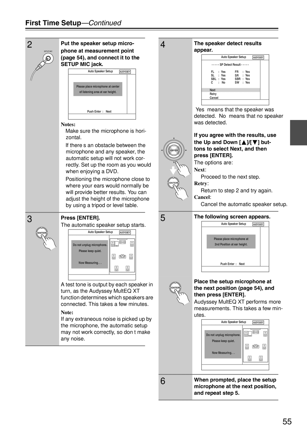 Onkyo TX-SA705 instruction manual Press Enter, Speaker detect results appear, Next, Cancel, Following screen appears 