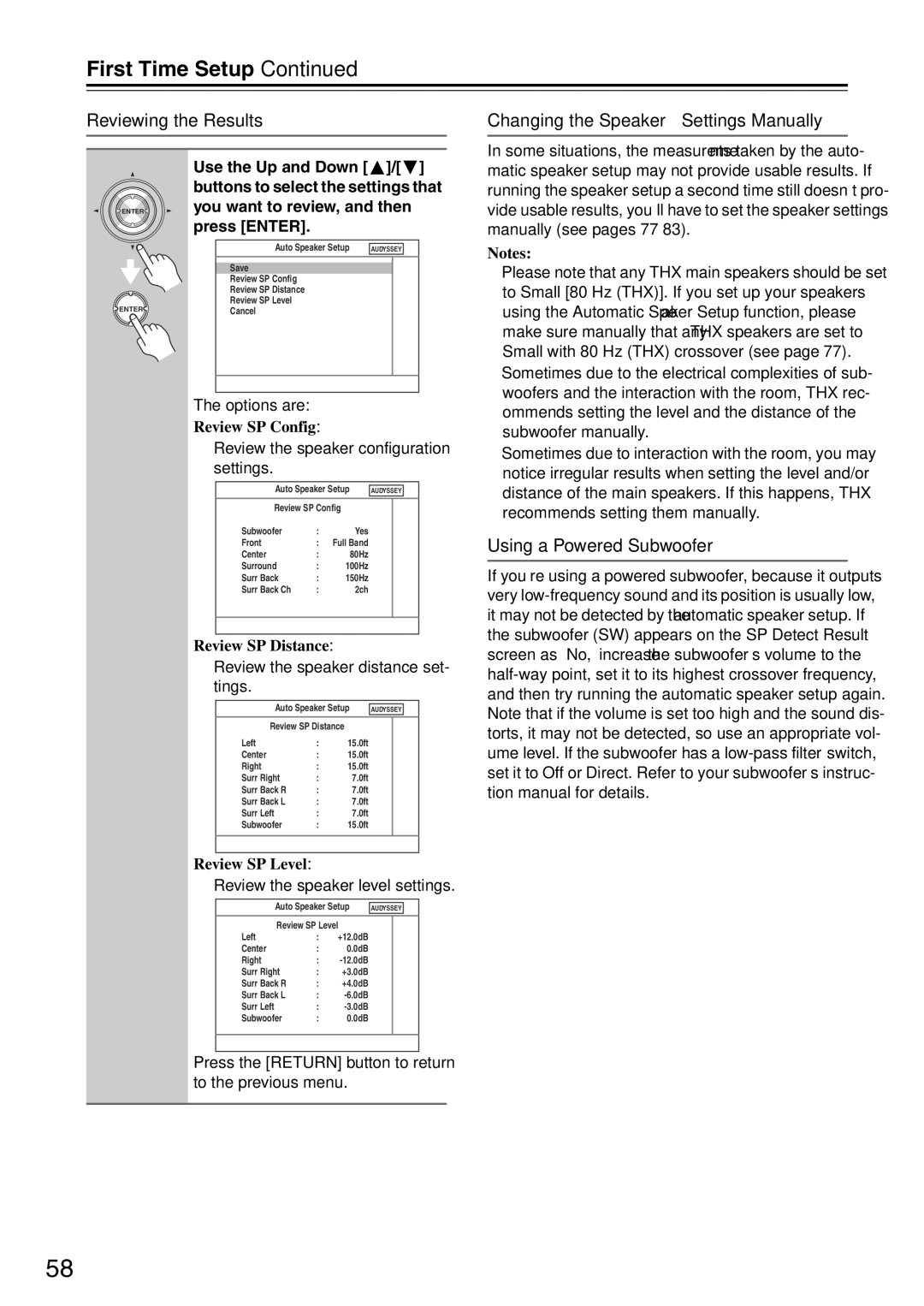 Onkyo TX-SA705 instruction manual Reviewing the Results, Changing the Speaker Settings Manually, Using a Powered Subwoofer 