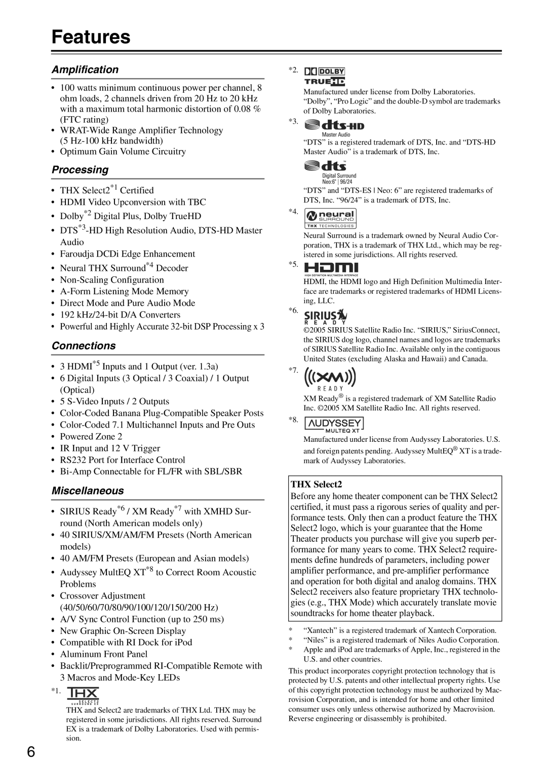 Onkyo TX-SA705 instruction manual Features, Amplification, Processing, Connections, Miscellaneous 