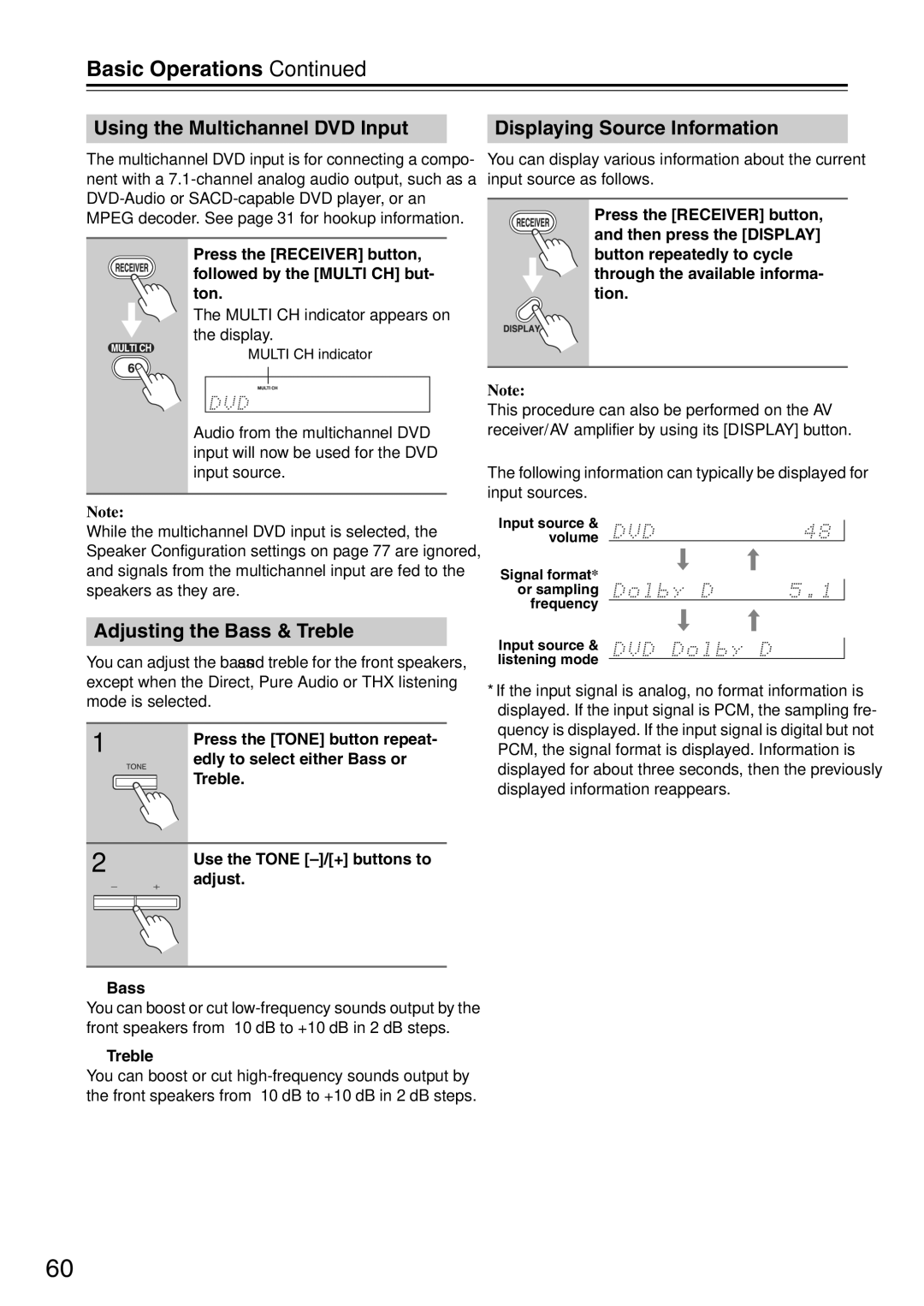 Onkyo TX-SA705 instruction manual Basic Operations, Using the Multichannel DVD Input, Adjusting the Bass & Treble 